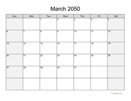 March 2050 Calendar with Weekend Shaded