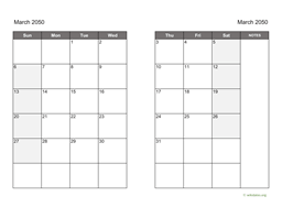 March 2050 Calendar on two pages