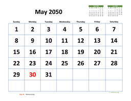 May 2050 Calendar with Extra-large Dates