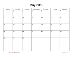 Basic Calendar for May 2050