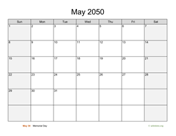 May 2050 Calendar with Weekend Shaded