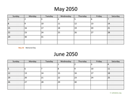 May and June 2050 Calendar