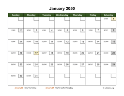 Monthly 2050 Calendar with Day Numbers
