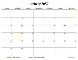 Monthly 2050 Calendar with Bigger boxes