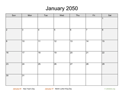Monthly 2050 Calendar with Weekend Shaded