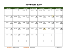 November 2050 Calendar with Day Numbers