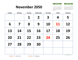 November 2050 Calendar with Extra-large Dates
