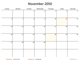 November 2050 Calendar with Bigger boxes