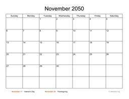 Basic Calendar for November 2050