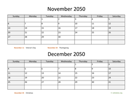 November and December 2050 Calendar