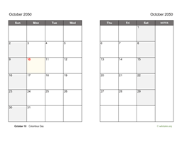 October 2050 Calendar on two pages