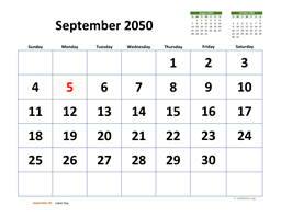 September 2050 Calendar with Extra-large Dates