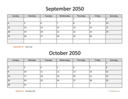 September and October 2050 Calendar