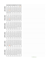 six months 2050 calendar vertical with notes