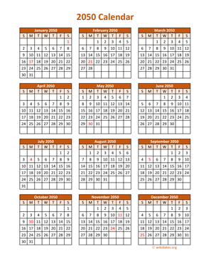 Full Year 2050 Calendar on one page