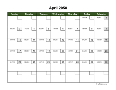 April 2050 Calendar with Day Numbers