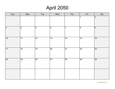 April 2050 Calendar with Weekend Shaded