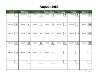 August 2050 Calendar with Day Numbers