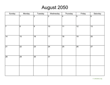 Basic Calendar for August 2050
