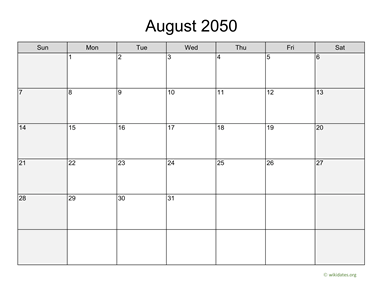 August 2050 Calendar with Weekend Shaded