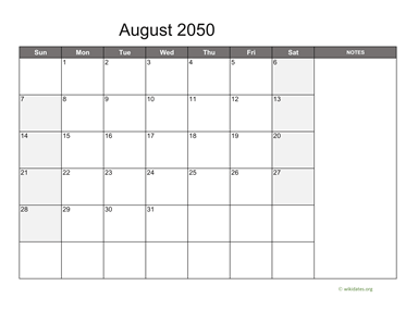 August 2050 Calendar with Notes