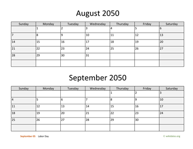 August and September 2050 Calendar Horizontal