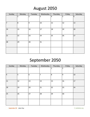 August and September 2050 Calendar Vertical