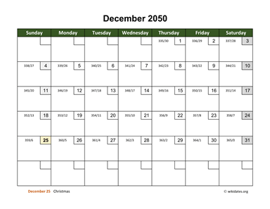 December 2050 Calendar with Day Numbers