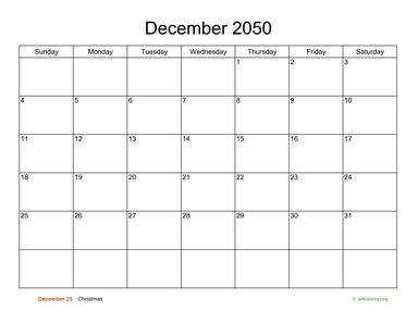 Basic Calendar for December 2050