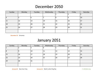 December 2050 and January 2051 Calendar Horizontal