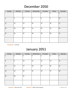 December 2050 and January 2051 Calendar Vertical