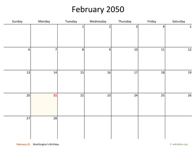 February 2050 Calendar with Bigger boxes