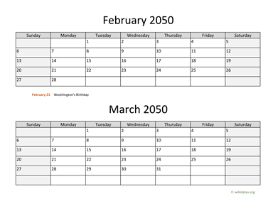 February and March 2050 Calendar Horizontal
