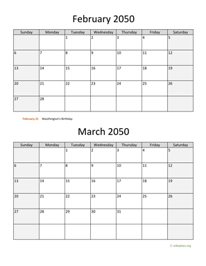 February and March 2050 Calendar Vertical