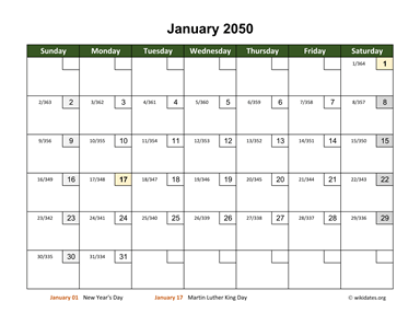 January 2050 Calendar with Day Numbers