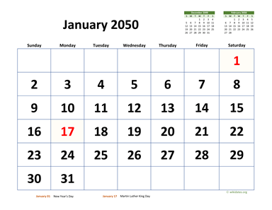 January 2050 Calendar with Extra-large Dates