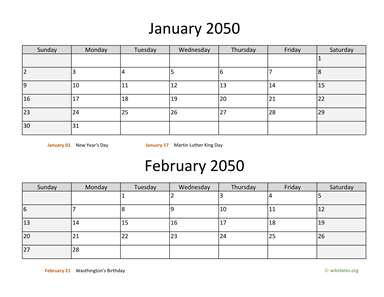 January and February 2050 Calendar Horizontal