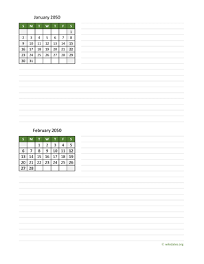 January and February 2050 Calendar with Notes