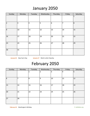 January and February 2050 Calendar Vertical