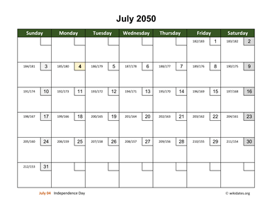 July 2050 Calendar with Day Numbers