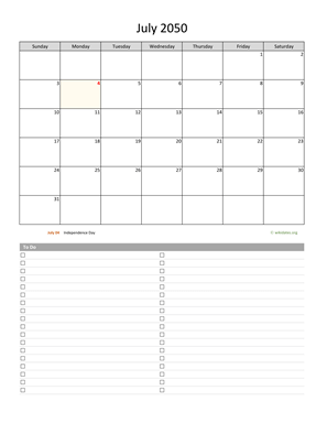 July 2050 Calendar with To-Do List