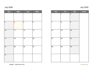 July 2050 Calendar on two pages