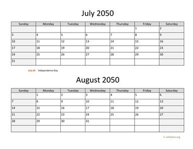 July and August 2050 Calendar Horizontal