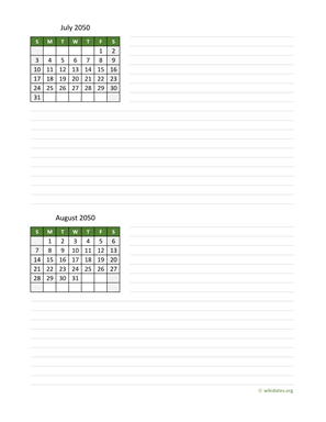 July and August 2050 Calendar with Notes