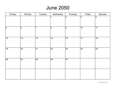 Basic Calendar for June 2050