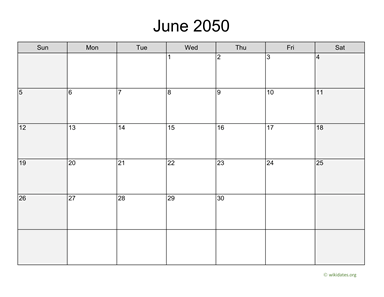 June 2050 Calendar with Weekend Shaded
