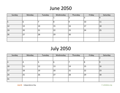 June and July 2050 Calendar Horizontal