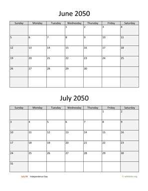 June and July 2050 Calendar Vertical