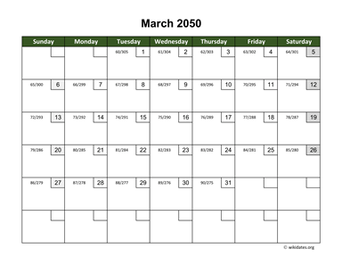 March 2050 Calendar with Day Numbers