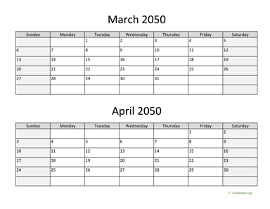 March and April 2050 Calendar Horizontal